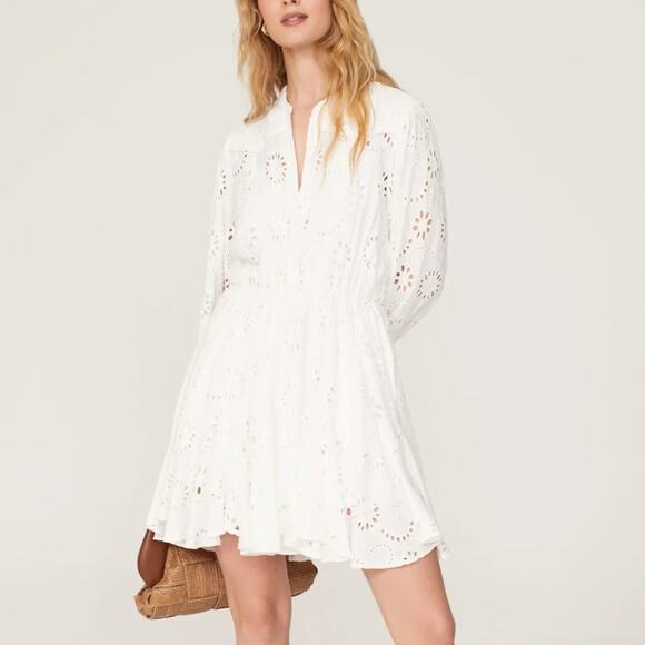 Maje White Eyelet Western Mini Dress SMALL Fit Flare Ruffle Boho Cowgirl $473 - Picture 1 of 10